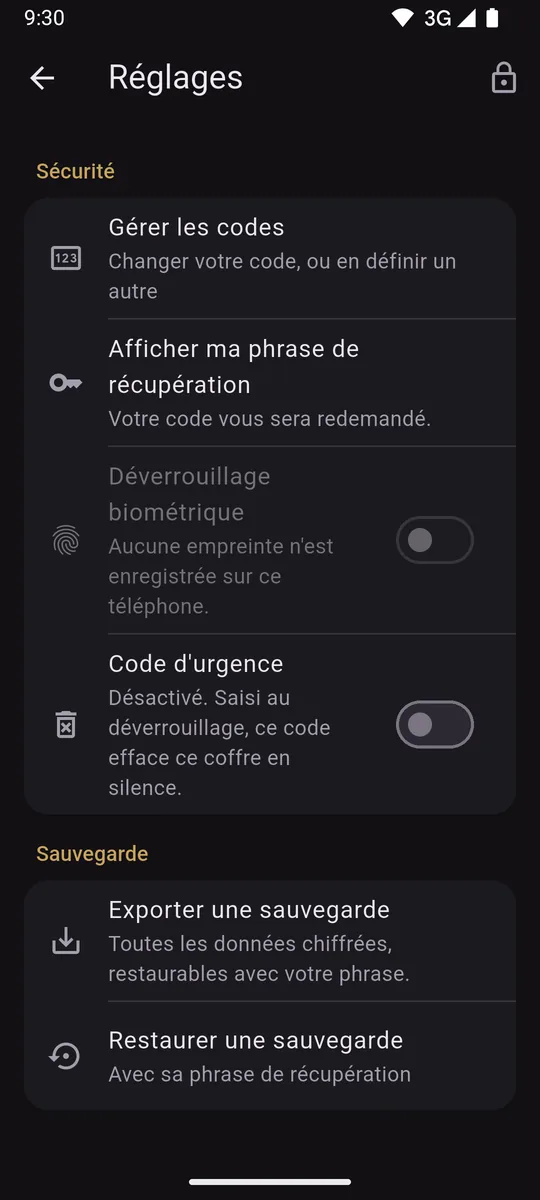 Réglages de sécurité